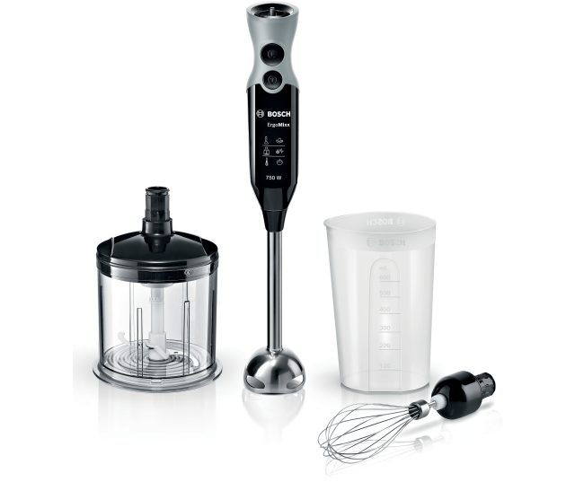Bosch MSM67160 ErgoMixx staafmixer met toebehoren op wit: motor, bakje, maatbeker, garde en chopper
