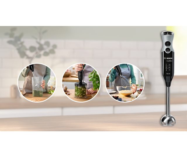 Bosch MSM67160 staafmixer in keukensituatie met drie toepassingen: mixen in glas, pureren in bakje en kloppen in kom