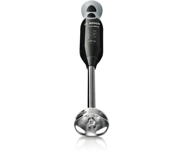Bosch MSM67160 ErgoMixx staafmixer volledig vooraanzicht met grijs-zwarte kleurschema en 750W label