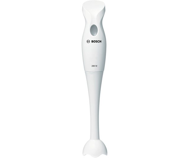 Bosch MSM6B100 staafmixer wit, volledig model vooraanzicht met logo en 280W vermogensaanduiding