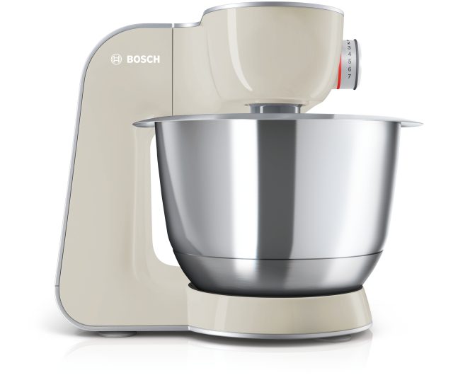 Bosch MUM58L00 linkerprofiel met lege roestvrijstalen mengkom geplaatst
