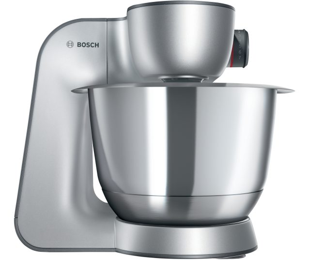Bosch MUM59S81DE zijkant met metalen mengkom en bedieningsknoppen met snelheidsregeling