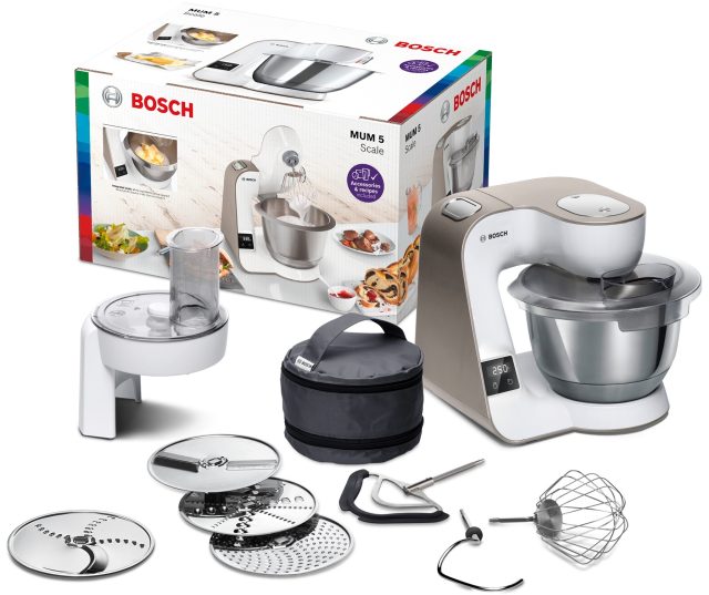 Bosch MUM5XW10 keukenmachine met verpakking, accessoires en roestvrijstalen mengkom