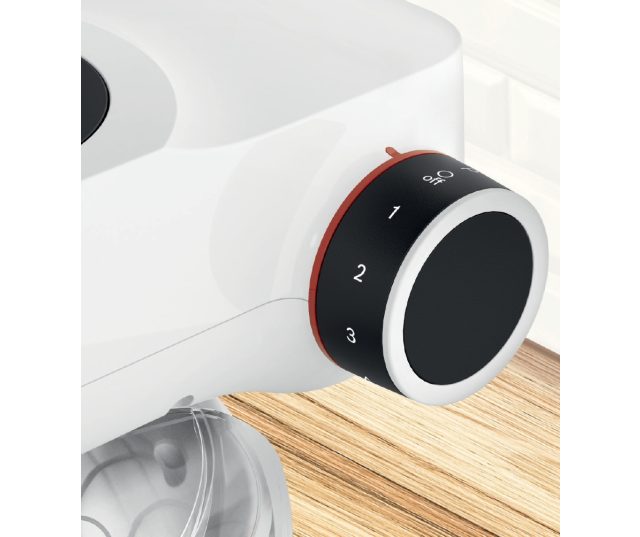 Bosch MUMS2AW01 keukenmachine bedieningsknop met snelheidsstanden 0-3 en off-positie, zijaanzicht