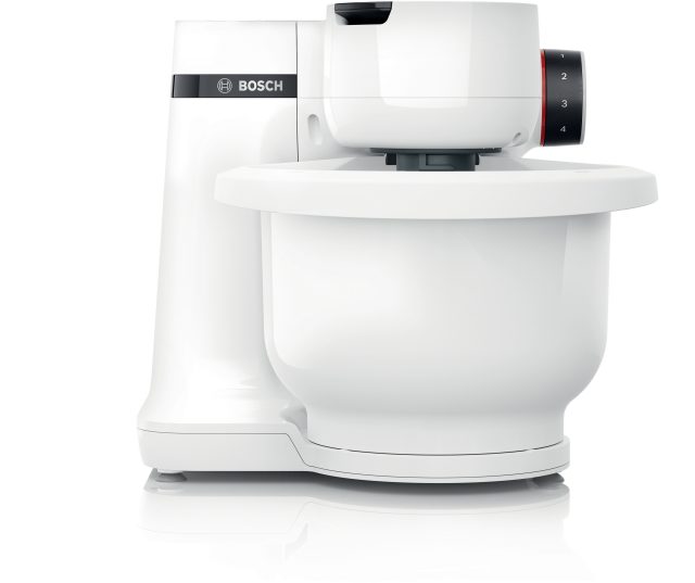 Bosch MUMS2AW01 keukenmachine zijkant met draaiknop voor snelheidsinstellingen en rood accent