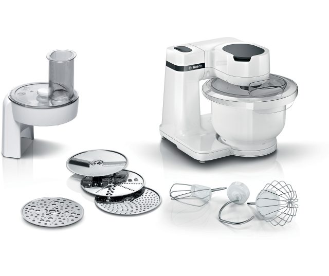 Bosch MUMS2AW01 keukenmachine compleet met voedselverwerkingsaccessoires, menghaak, garde en raspschijven