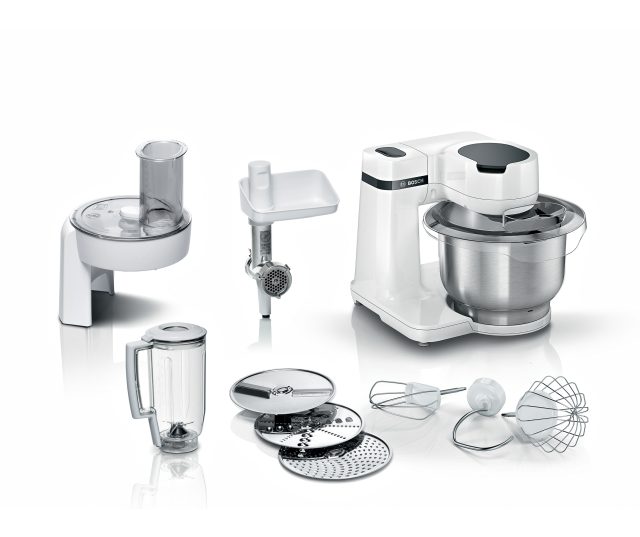 Bosch MUMS2EW30 keukenmachine met accessoires, vooraanzicht volledige set met mengkom, blender, gehaktmolen en toebehoren