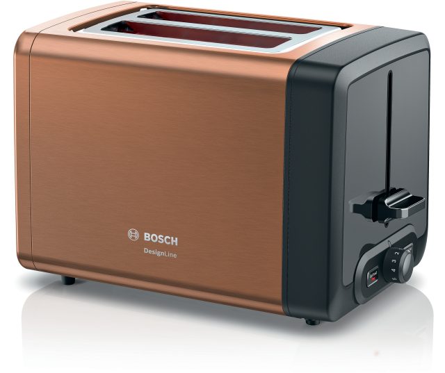 Bosch TAT4P429 DesignLine broodrooster vooraanzicht met geopende uitwerpgleuf en bedieningspaneel zichtbaar