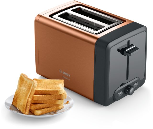 Bosch TAT4P429 broodrooster zijaanzicht met twee geroosterde sneetjes brood naast het apparaat