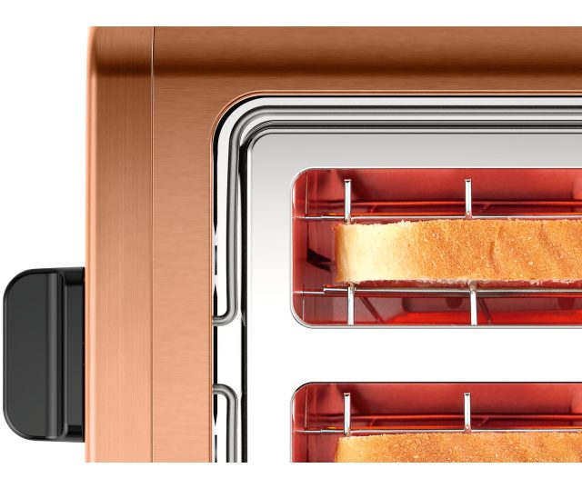 Bosch TAT4P429 broodrooster geopende deur met twee sneetjes geroosterd brood in rode roosters
