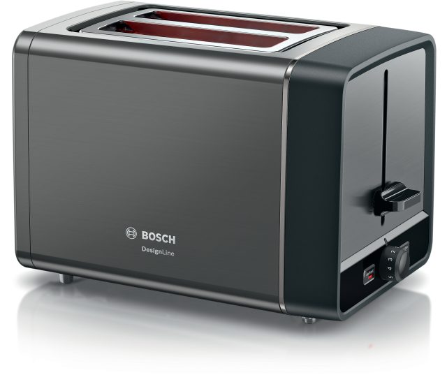 Bosch TAT5P425 broodrooster vooraanzicht met twee toastsleuven geopend en bedieningselementen zichtbaar