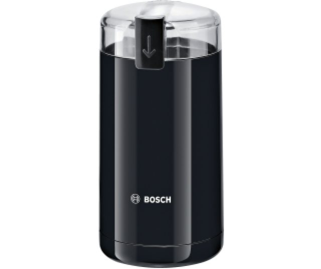 Bosch TSM6A013B koffiemolen zwart vooraanzicht met transparante deksel en doseerknop