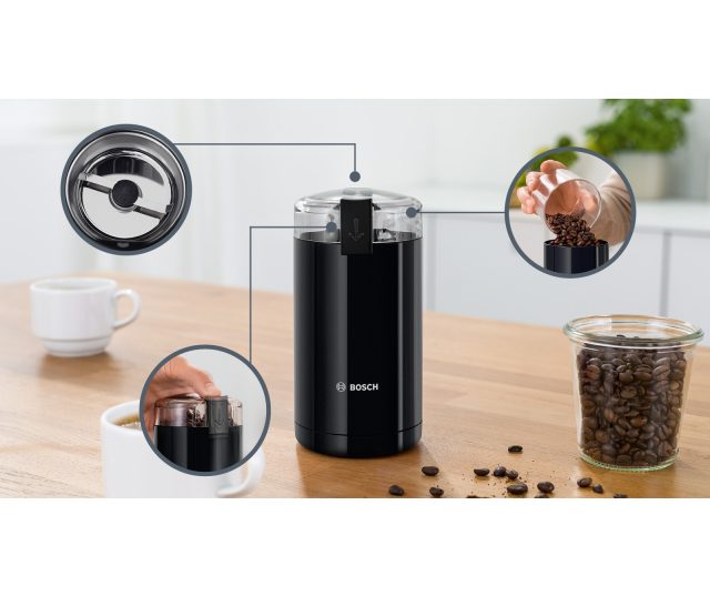 Bosch TSM6A013B koffiemolen met details doseerknop, maalgradenschijf en afgifte in gebruik
