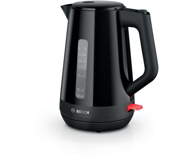 Bosch TWK1M123 waterkoker vooraanzicht met waterpeilschaal en bedieningspaneel