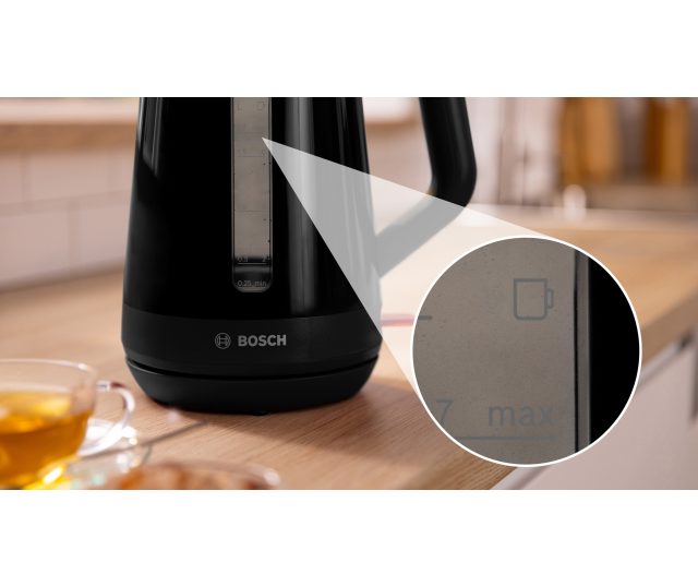 Bosch TWK1M123 waterkoker met detail van waterpeilschaal en minimale vulhoeveelheid