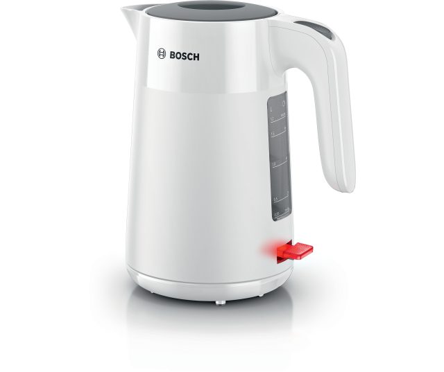 Bosch TWK2M161 waterkoker wit vooraanzicht met grijze bovenrand en rode schakelaar