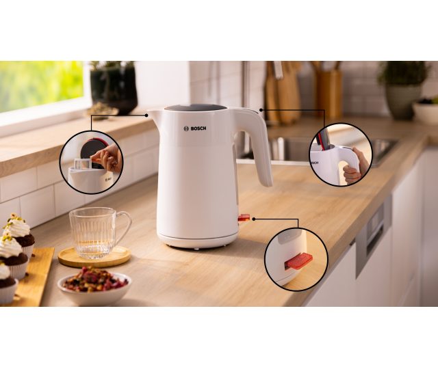 Bosch TWK2M161 waterkoker in keuken met gebruiksdetails uitgelicht in cirkels