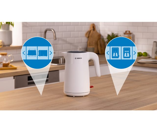Bosch TWK2M161 waterkoker met infographic's over functionaliteiten en toepassingen