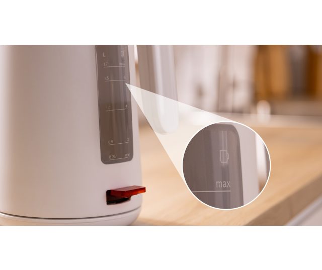Bosch TWK2M161 waterkoker detailopname vulniveauschaal en grijpvlak rood handvat