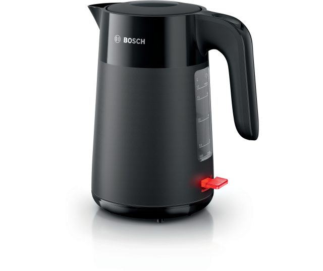 Bosch TWK2M163 waterkoker zwart, vooraanzicht met bedieningspaneel en rode schakelaar