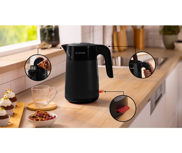 Bosch TWK2M163 waterkoker met aanduiding deksel, handgreep, rode schakelaar en bedieningspaneel