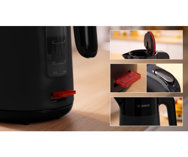 Bosch TWK2M163 waterkoker detail dekselbediening, afneembare filter en handgreepstructuur