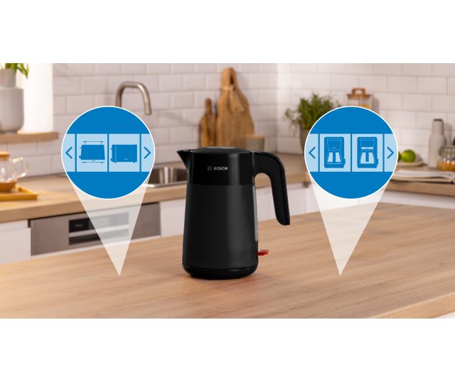 Bosch TWK2M163 waterkoker in keukensituatie met gebruiksiconografie aanduiding