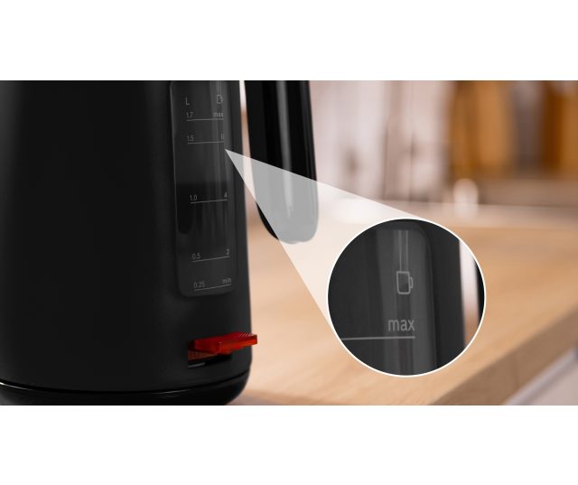 Bosch TWK2M163 waterkoker detail zijkant bedieningspaneel met litermeting en max-aanduiding