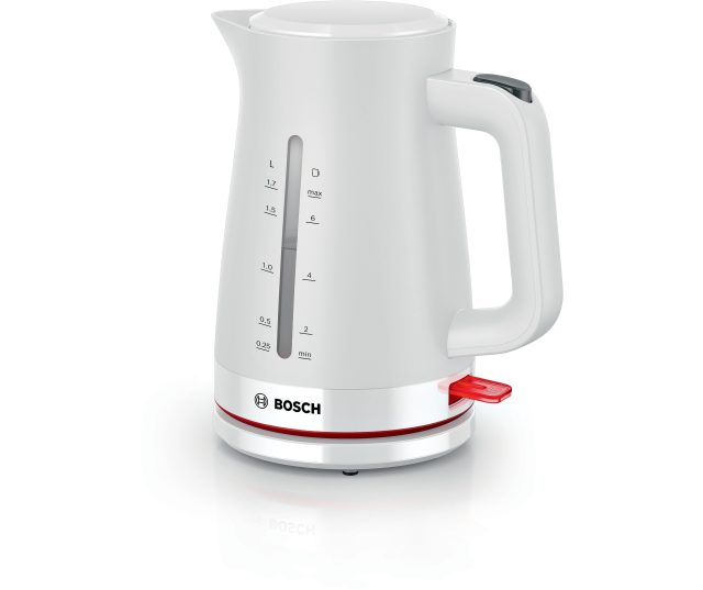 Bosch TWK3M121 waterkoker wit, vooraanzicht met vulgraadschaal, handvat en bedieningselementen