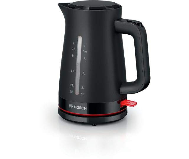 Bosch TWK3M123 waterkoker, vooraanzicht met vulniveaumarkering en bedieningspaneel