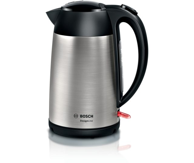 Bosch TWK3P420 DesignLine waterkoker vooraanzicht met roestvrijstalen behuizing en zwarte bovenrand