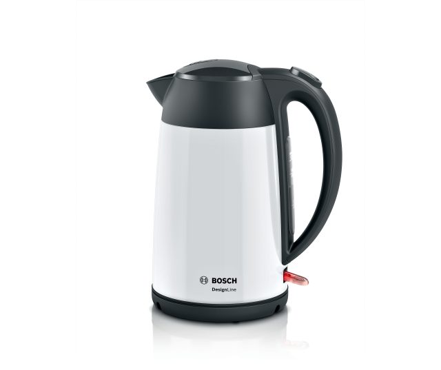 Bosch TWK3P421 DesignLine waterkoker vooraanzicht, wit-zwart, met handvat en aan-uitschakelaar.