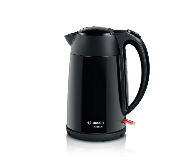 Bosch TWK3P423 waterkoker zwart DesignLine vooraanzicht met deksel gesloten en rode aan-uit knop