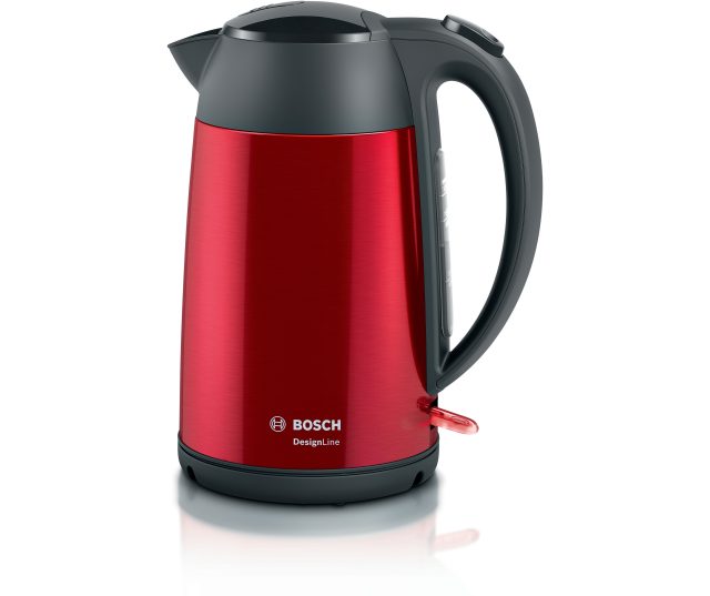 Bosch TWK3P424 DesignLine waterkoker vooraanzicht met rood glanzend lichaam en grijze bovenkant