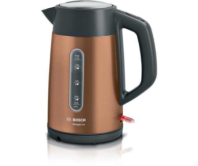 Bosch TWK4P439 DesignLine waterkoker vooraanzicht met infovenster waterhoogtemarkeringen en koppelingsbasis