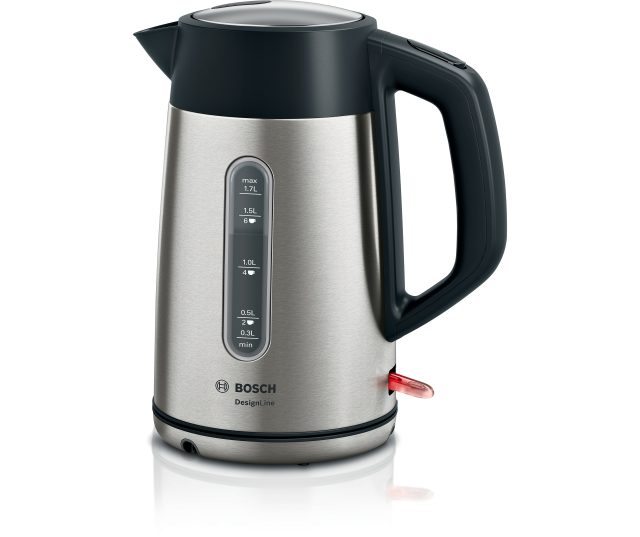 Bosch TWK4P440 DesignLine waterkoker vooraanzicht met RVS en zwart kunststof, waterpeilschaal en aan/uit-knop