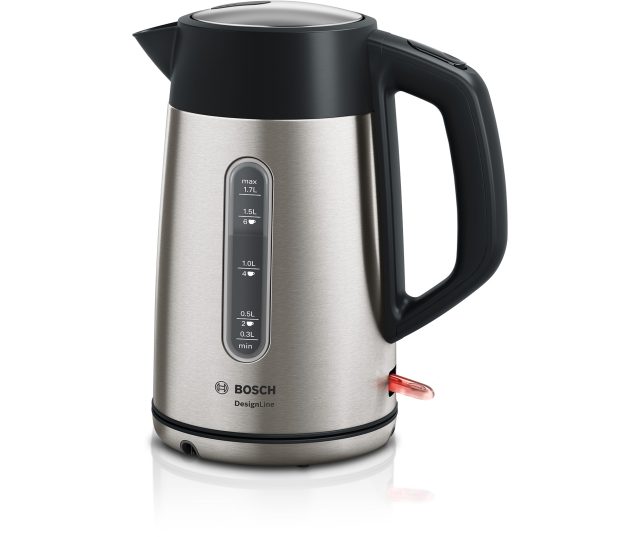 Bosch TWK4P440 DesignLine waterkoker vooraanzicht met RVS behuizing en gedetailleerde waterpeilmarkeringen