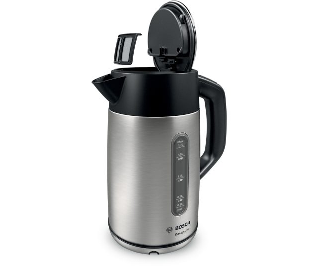 Bosch TWK4P440 waterkoker met geopend deksel, verwisselbaar waterfilter en binnenkant zichtbaar