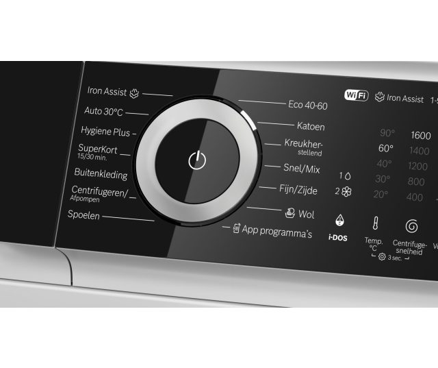 Bosch WGN246A9NL droger bedieningspaneel close-up met i-DOS, draaiknop en functiepictogrammen