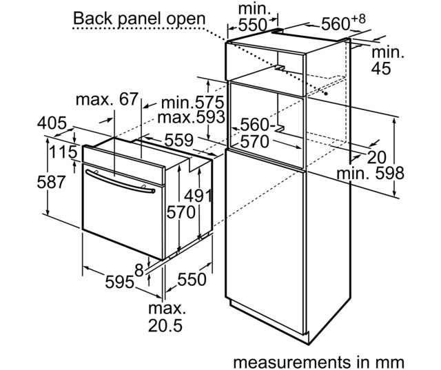 Maattekening Constructa CF232553 inbouw oven