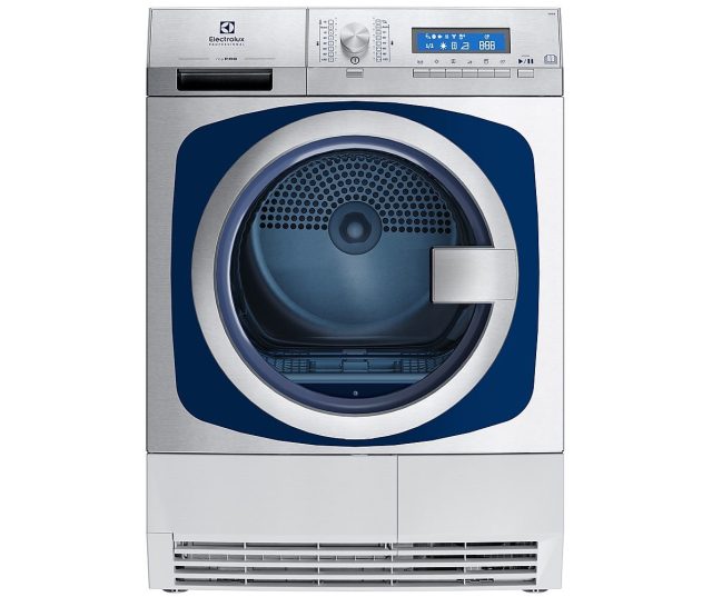 Electrolux TD2_8PS droger vooraanzicht met geopende deur, touchscreen bedieningspaneel en geperforeerde trommel zichtbaar