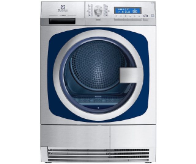 Electrolux TD2_9HP droger, vooraanzicht met geopende deur, trommel zichtbaar, bedieningspaneel bovenaan met display en draaiknop
