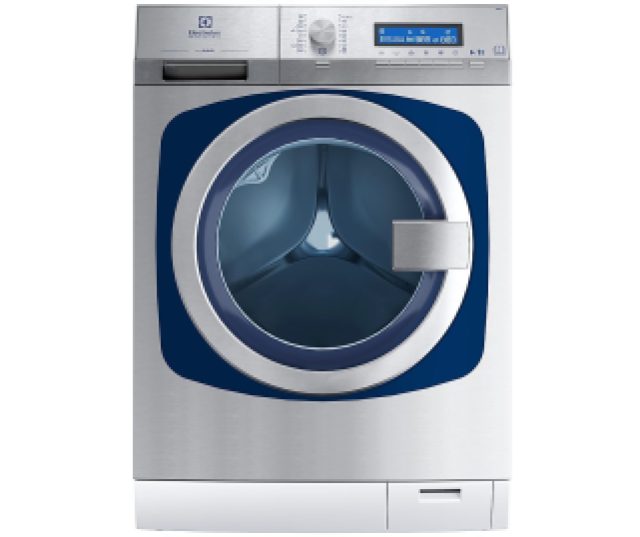 Electrolux WE2 9PS wasmachine vooraanzicht met geopende deur, bedieningspaneel met display en draaiknop bovenaan, wit-grijs-blauw design