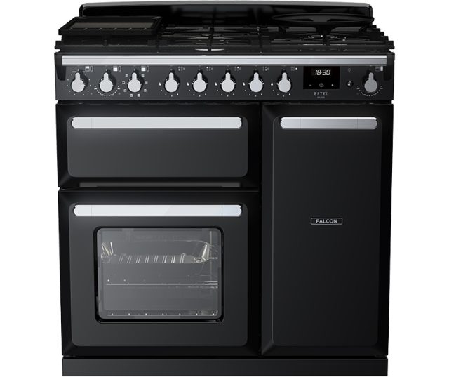 Zwart gasfornuis Falcon Estel Deluxe 90 met multifunctionele ovens en wokbrander