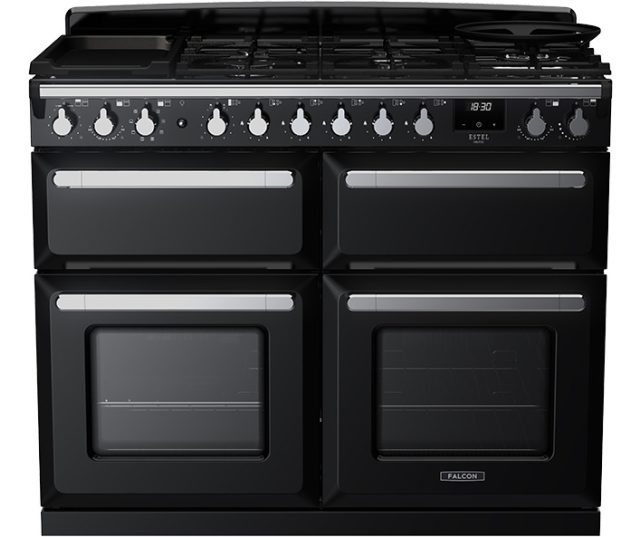 Falcon Estel Deluxe 110 zwart gasfornuis met sudderoven en gietijzeren pandragers