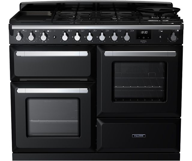 Zwart Falcon gasfornuis 110 cm met wokbrander, rijslade en dubbele oven