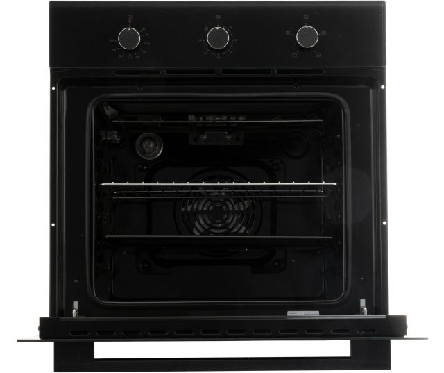 Exquisit EBE60-2 oven, geopende deur met zicht op interieur, verwarmingselement en twee roosters