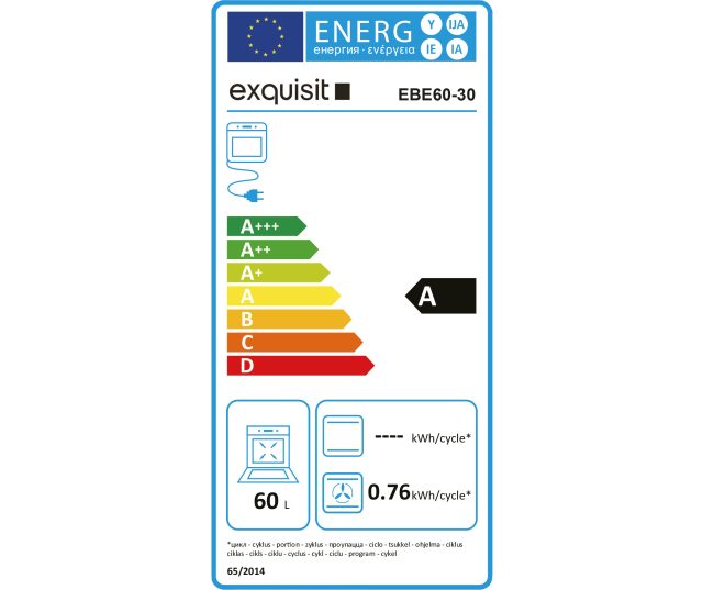 Exquisit EBE60-30 energielabel met efficiëntieklasse A, 60 liter inhoud en verbruik 0,76 kWh per cycle