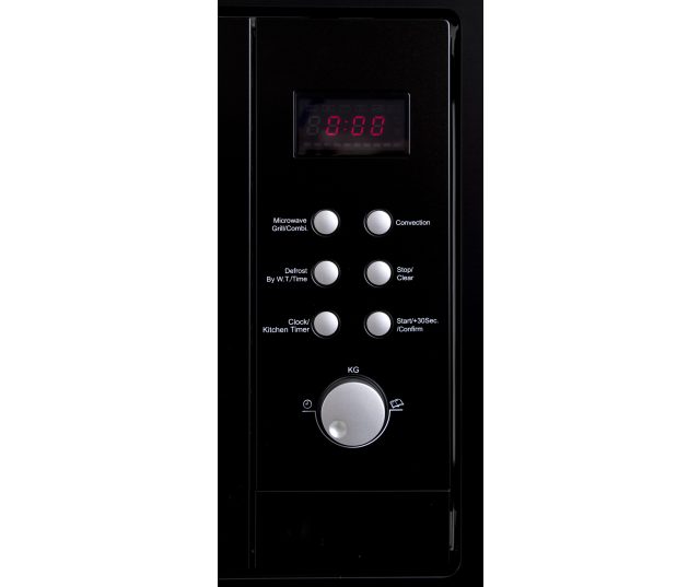 Exquisit EMW2546HIBLACK magnetron combi, bedieningspaneel met digitaal display, draaiknoppen en functies voor magnetron, grill, convectie en ontdooien