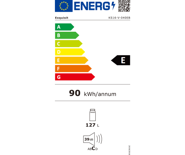 Exquisit KS16-V-040EB energielabel met efficiëntieklasse E, 127 liter inhoud, 90 kWh jaarverbruik